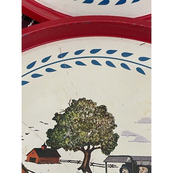 2 Vintage Tin Serving Trays With Amish Horse & Buggy Design Pennsylvania Dutch - Picture 9 of 11